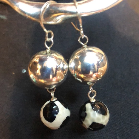 SIMON SEBBAG Sterling Silver Hammered Turtle Shell Agate Drop Dangle Earrings - Picture 3 of 11